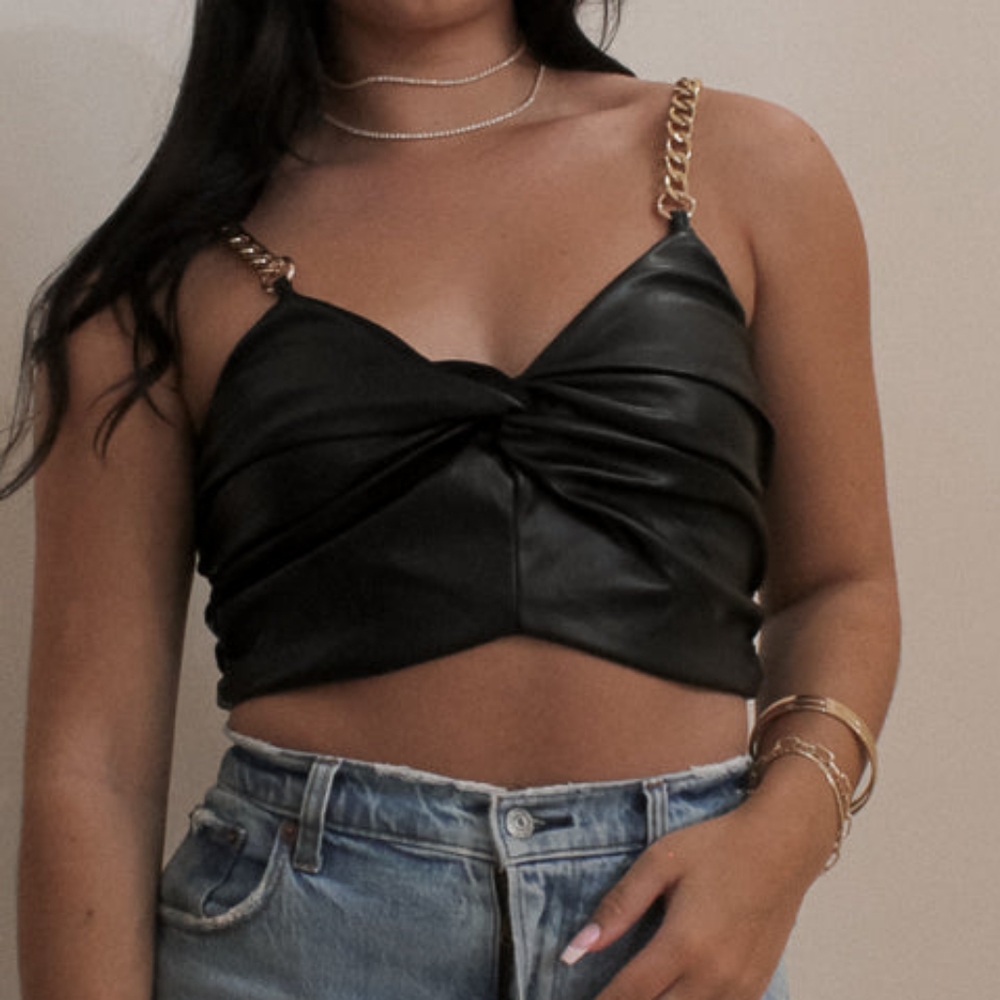 Black Faux Leather Crop Top with Gold Chain